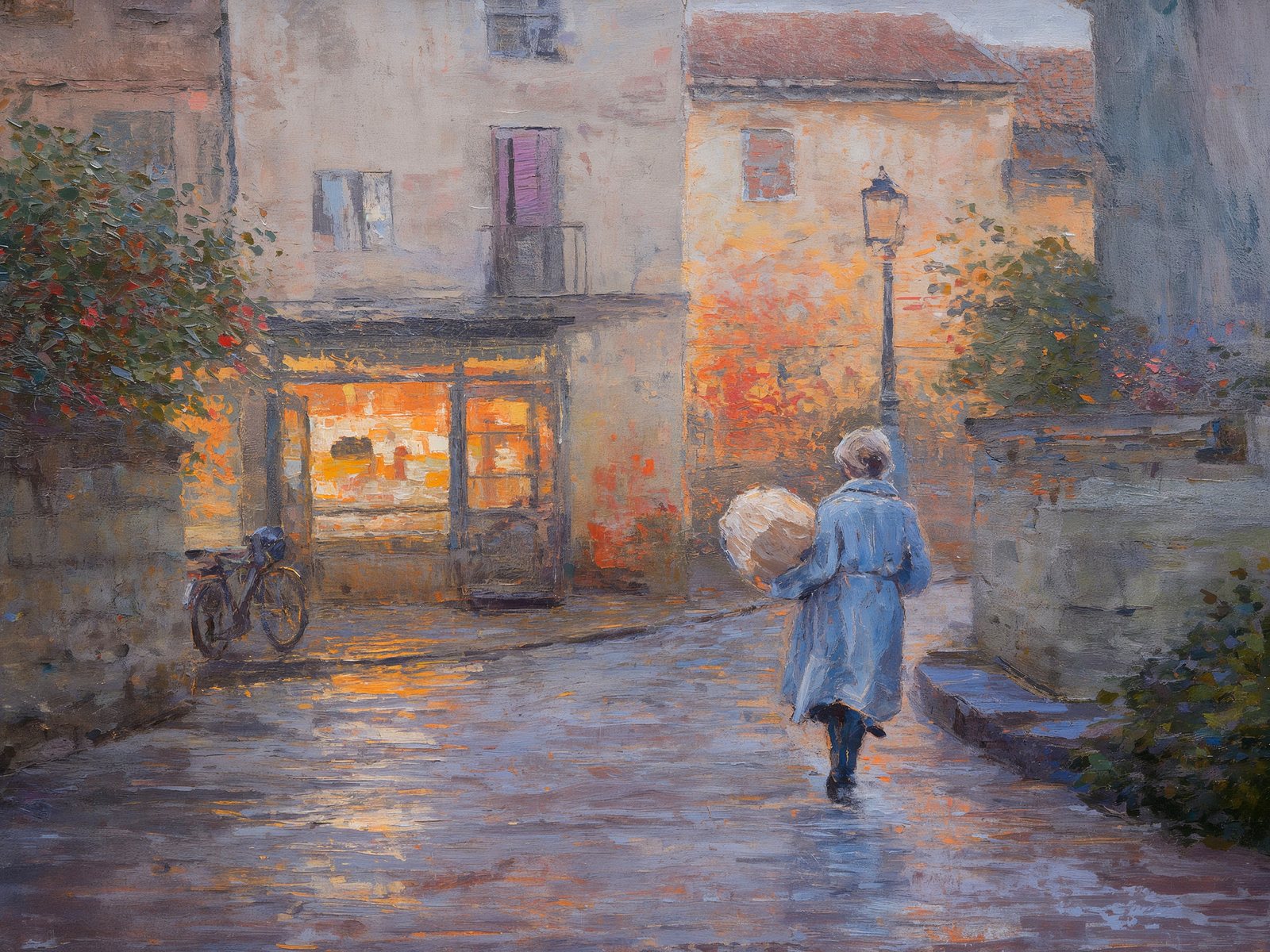 The Lit Shop in the Rain — a rain-slicked cobbled street glowing under a shop window and a lamplight.