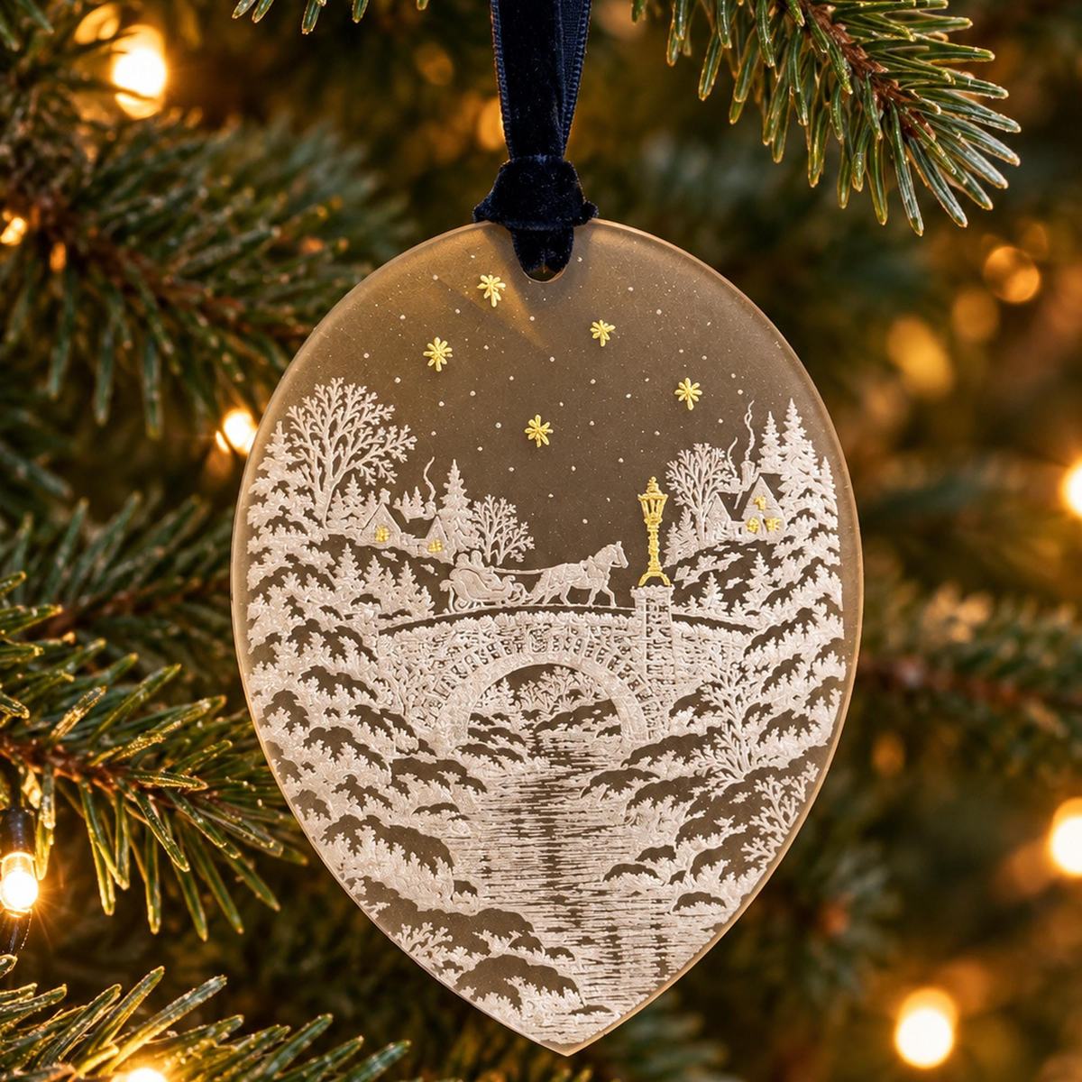 A frosted acrylic ornament of a sleigh crossing a snowy bridge, gold stars painted on by hand, hanging on a lit tree.