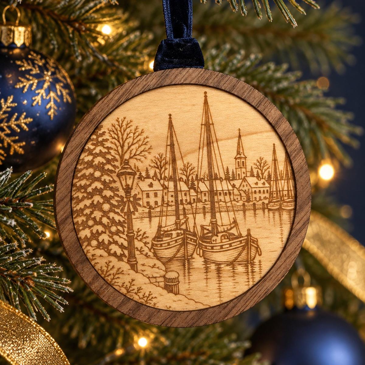 An engraved walnut and maple ornament of fishing boats at a harbour wall.