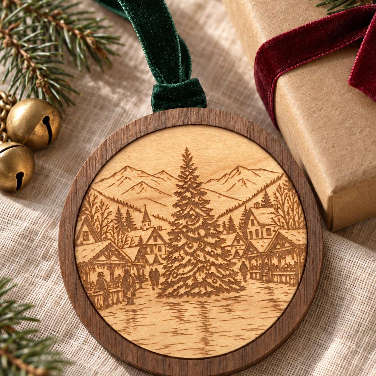 An engraved walnut and maple ornament hanging on a lit Christmas tree.