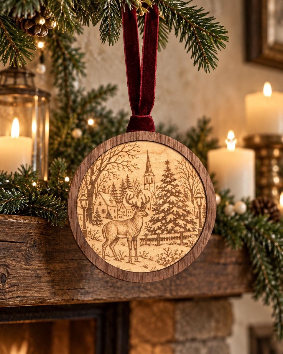 An engraved walnut and maple ornament of a stag in the snow, hanging from a mantel beside candles.